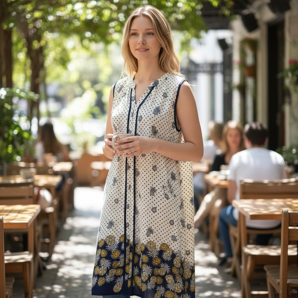 Naif Sleeveless White Shift Dress Polka Dot Pineapple Summer XL DD249-170418